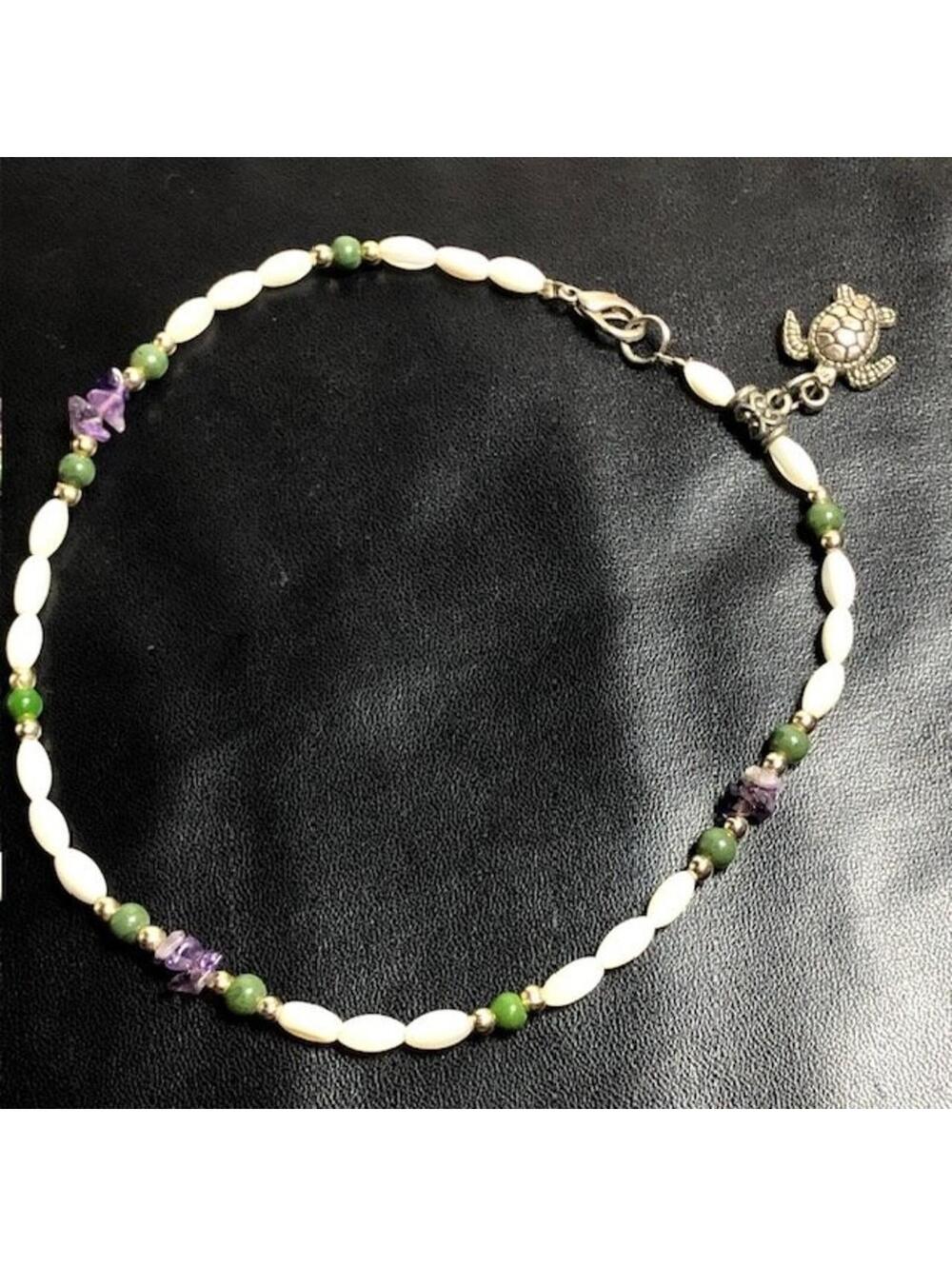 B1304 Sea Turtle Charm Mother of Pearl Amethyst Jade Gem Anklet Bracelet 11"